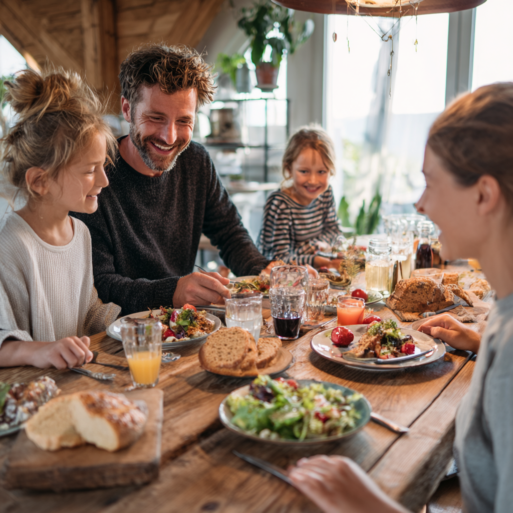 Happy Polish family preparing healthy meals together in modern kitchen